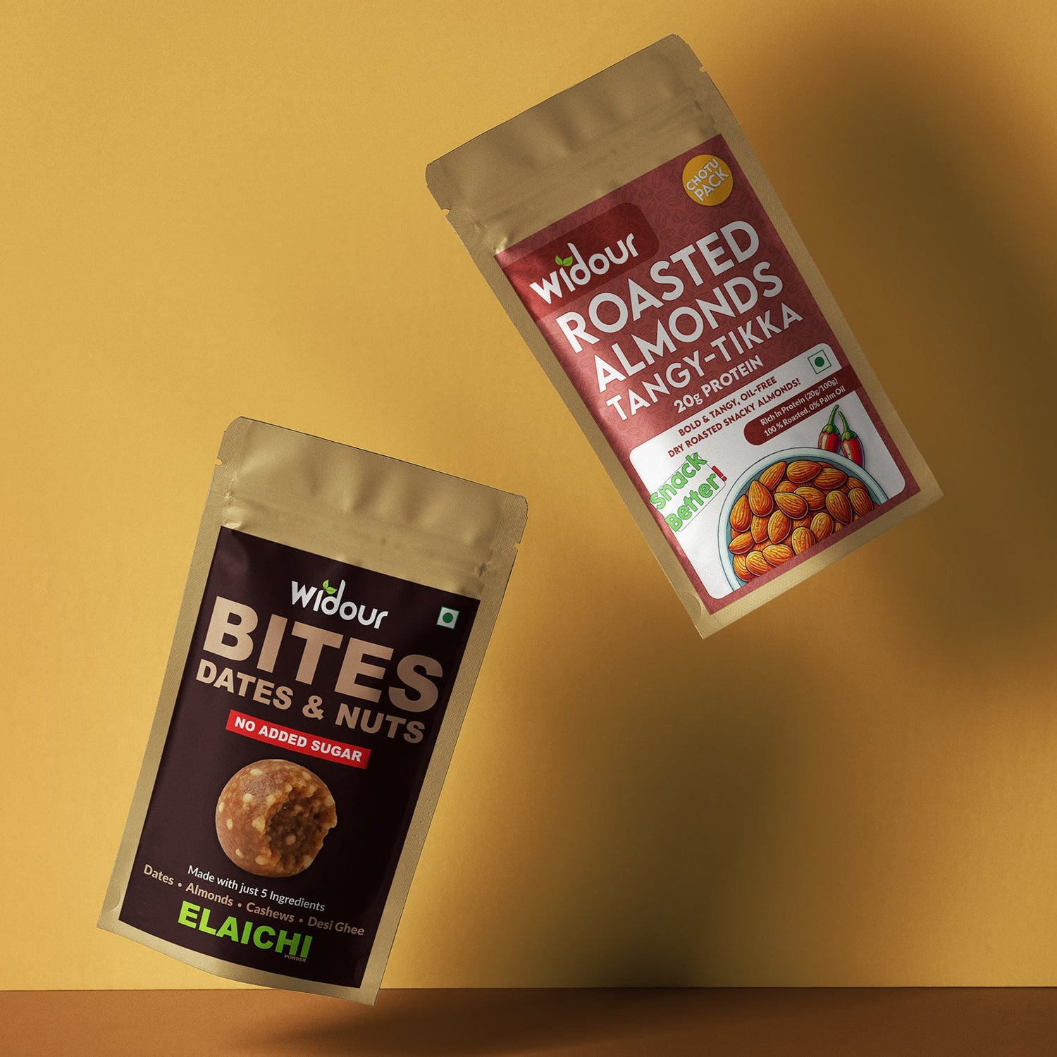 Two packages of snack bites on a yellow background