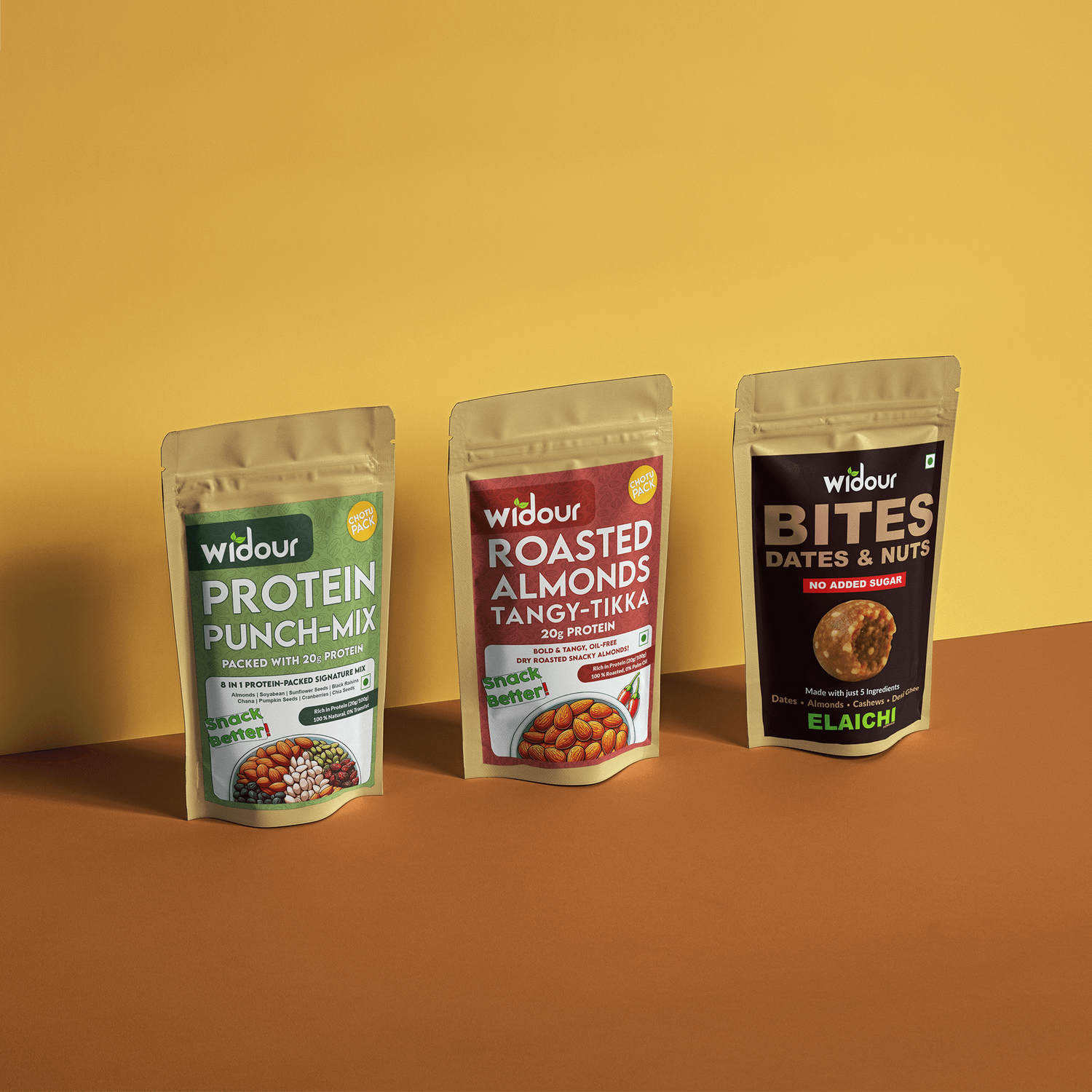 Three packages of Widour snacks on a brown surface with a yellow background